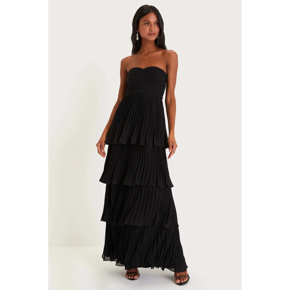 Lulus Seriously Sensational Black Strapless Tiered Maxi Dress Pleated M